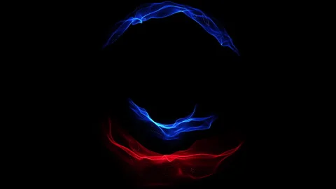 An abstract 3D visualization featuring blue and red light waves swirling against Stock Footage 280095277