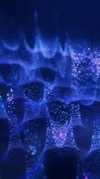 Abstract 3D visualization of floating particles and mesh waves in dark blue.. Stock Illustration