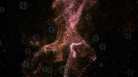 Abstract 3D visualization of a geometric low-poly shapes floating over black Stock Illustration