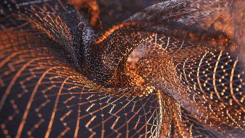 Abstract 3D visualization of metallic wireframe mesh with depth of field effect. Illustrazione stock
