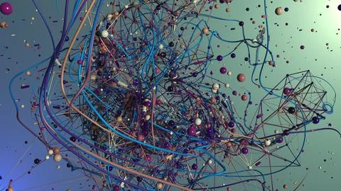 Abstract 3D Visualization of Multicolored Spheres and Wireframe Connections Stock-Illustration