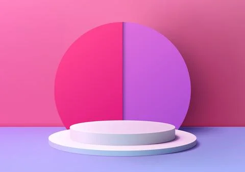Abstract 3D white podium with circle backdrop on purple floor in pink backg.. Illustrazione stock