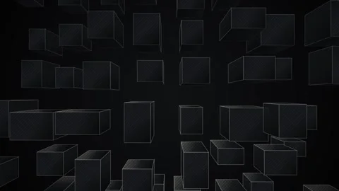 Abstract 3D wireframe cubes floating in dark virtual space video video Stock Footage 345743035