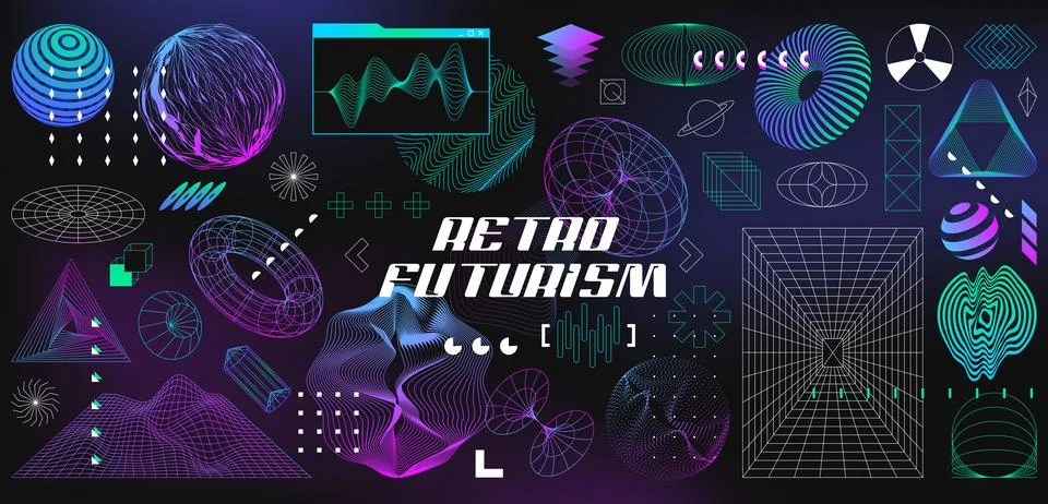 Abstract 3d wireframe geometry objects from line grid Stock Illustration