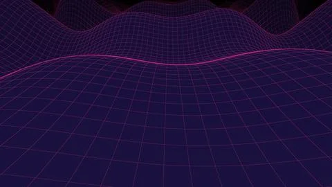 Abstract 3d wireframe landscape with pink neon grid waves on dark background Stock Illustration