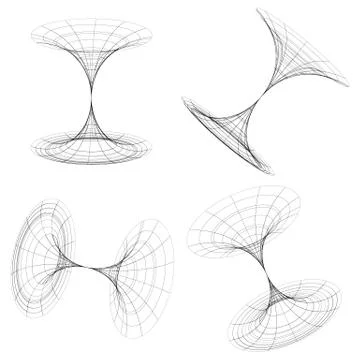 Abstract 3d wireframe objects. 3d, spatial shapes set at 4 angles. Geometric  Illustrazione stock