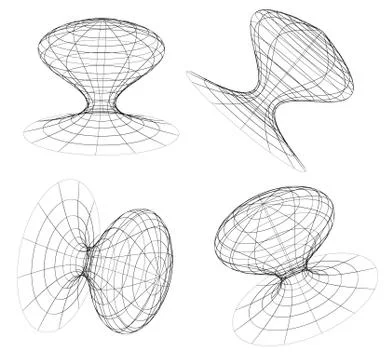 Abstract 3d wireframe objects. 3d, spatial shapes set at 4 angles. Geometric  Stock Illustration