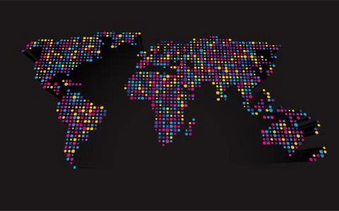 Abstract 3D world map made ??up of small colorful dots Stock Illustration