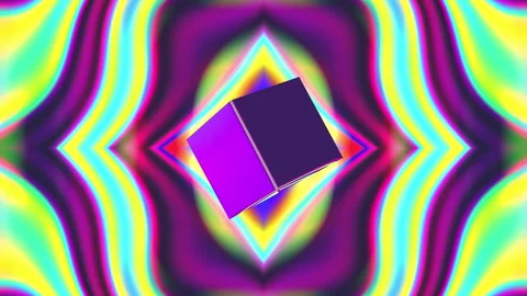 Abstract 3D Yellow Cube on Vibrant Psychedelic Holographic Ripple Background  Stock Footage 343451370