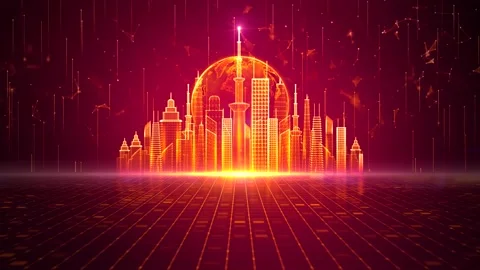 Abstract 4K Animation Red Orange Smart Metaverse City Concept With Intro 스톡 동영상 203805027