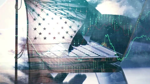 Abstract 4K animation of waving flag and hands typing on laptop keyboard clos Video stock 99701857