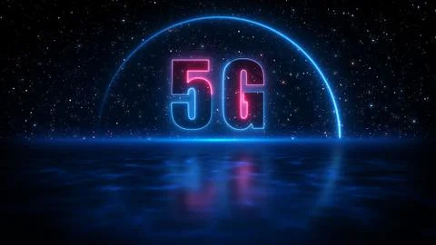 Abstract 5G Cellular Network Technology Neon Light With Shadow Reflection Stock Illustration