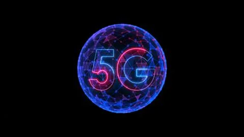 Abstract 5G Text Cellular Network Neon Light With Red And Blue Spherical Mesh  Stock Illustration