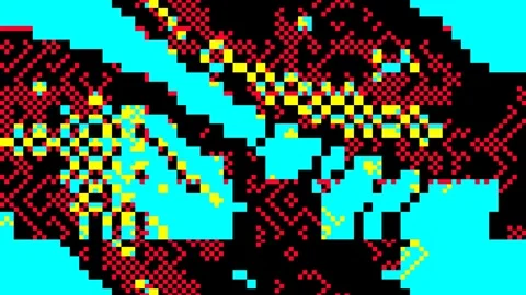 Abstract 8 bit glitch art - pixelated red and blue patterns on black background Stock Footage 289142251