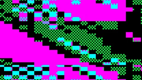 Abstract 8 bit glitch art - pixelated pink and green pattern on black background Stock Footage 289178987
