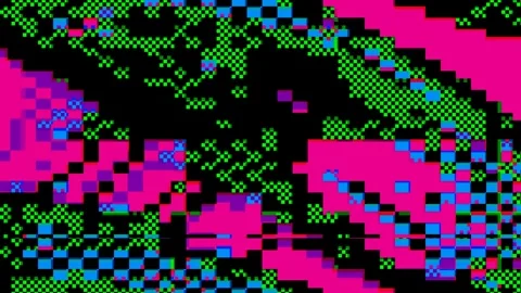 Abstract 8 bit glitch art - pixelated pink and green pattern on black background Stock Footage 289511072