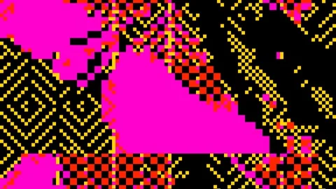 Abstract 8 bit glitch art pixelated pink red yellow pattern on black background Stock Footage 289607126