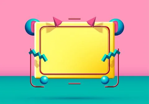 Abstract 90s styled frame with flying 3d objects and shapes. Pink and green Stock Illustration
