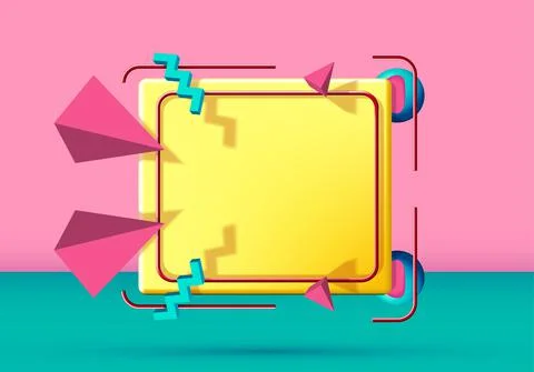 Abstract 90s styled frame with flying 3d objects and shapes. Pink and green Stock Illustration