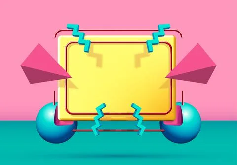Abstract 90s styled frame with flying 3d objects and shapes. Pink and green Stock Illustration
