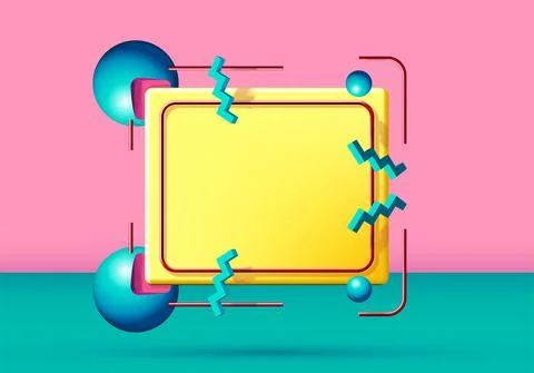 Abstract 90s styled frame with flying 3d objects and shapes. Pink and green Stock Illustration