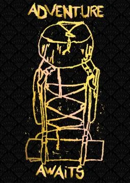 Abstract Adventure Awaits text with backpack. Vector illustrated crayon drawi Illustrazione stock