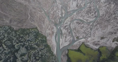 Abstract Aerial Braided River Patterns in Iceland Highlands Glacial Meltwater Stock Footage 332016606