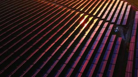 Abstract aerial view of solar panels at sunset Stock Footage 327932589