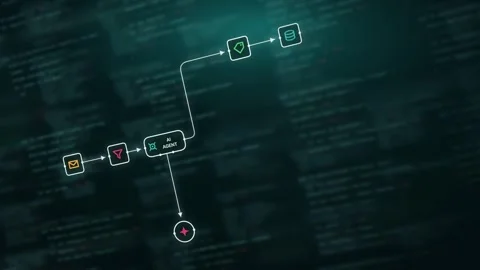 Abstract AI Agent Workflow with Teal Screen Glow and Dark Background Featuring D Stock Footage 341582248