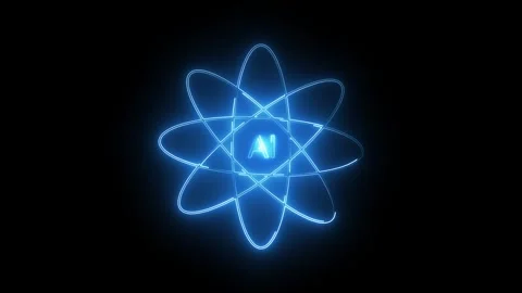 Abstract AI atom symbol with blue neon glow. AI atom symbol for artificial .. Stock Footage 337817023