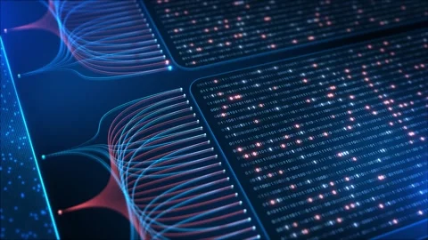 Abstract AI Data Processing Interface with Binary Code and High-Speed Network Fl 스톡 동영상 342626404