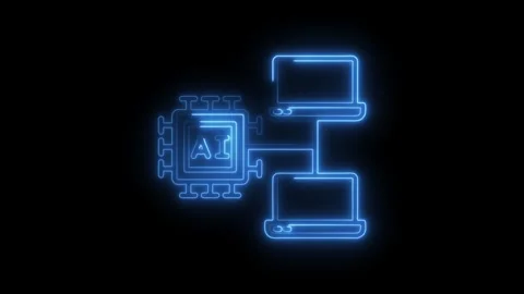 Abstract ai network connection with two computers glowing blue neon silhouett Stockbeeldmateriaal 308606076