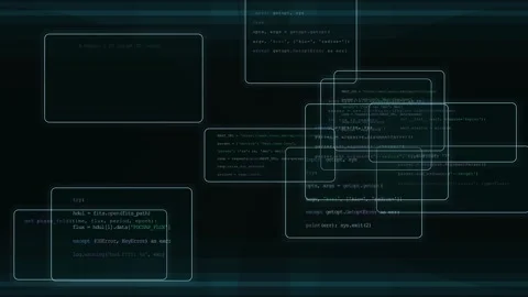 Abstract AI software architecture with interconnected code windows Vídeos de archivo 344031339