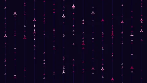 Abstract airplane icons falling on dark background, aviation travel pattern Stock Footage 333140832