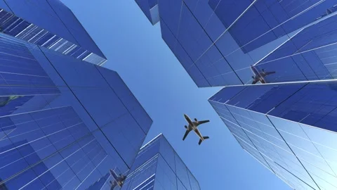 Abstract airplane over skyscraper with full glass wall 3d rendered Stock Footage 166427018
