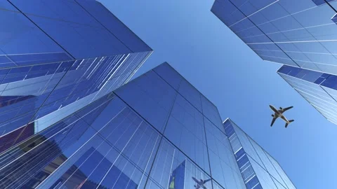 Abstract airplane over skyscraper with full glass wall 3d rendered Video stock 166427089