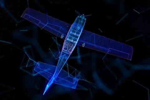 Abstract airplane. Wireframe mesh spheres from a flying plane. Travel concept Illustrazione stock