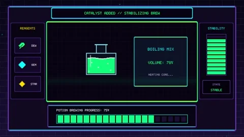 Abstract Alchemy Lab UI with Potion Brewing Progress and Crafting Success A.. Stock Footage 347989037
