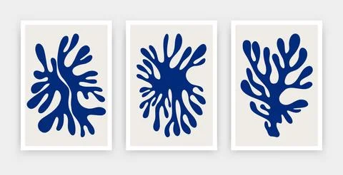 Abstract algae poster set. Floral contemporary Matisse inspired collage, seaweed Stock Illustration