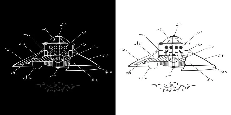 Abstract Alien Plan Of The Classic Dome UFO Flying Saucer With Alien Abstract Stock Illustration
