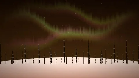 Abstract Alien Planet Landscape with Aurora Borealis and Spire Towers Видео 347966556