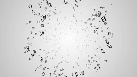 An abstract alphabet explosion animation, moderate random look, dolly in Stockbeeldmateriaal 114072606