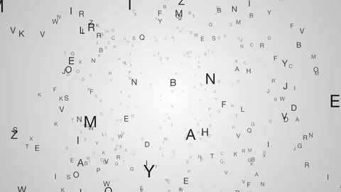 An abstract alphabet explosion animation, orbiting to the right, chars straight Stock Footage 114073099