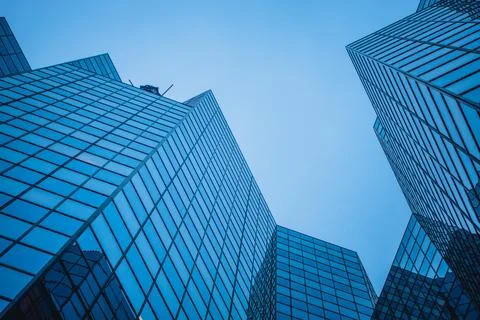 Abstract and Complex Blue Skyscraper Structure Downtown in Montreal. Stock Photos