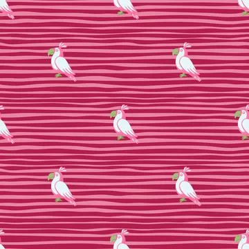 Abstract animal seamless pattern with doodle white parrots shapes. Pink strip Stock Illustration
