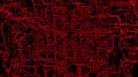 Abstract animated background. red traces from printed circuit boards rotate on a Video stock 165378600