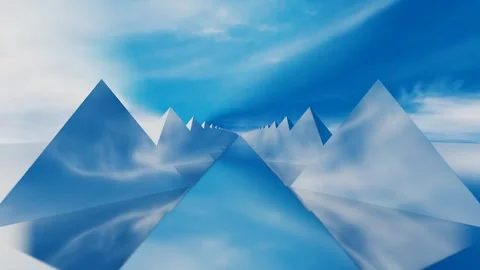 Abstract animated background rows of glossy pyramids against blue sky with white Stock Footage 308873215