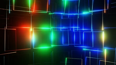 Abstract animated glowing neon colored squares move on black background. 3d Stock Footage 197740866