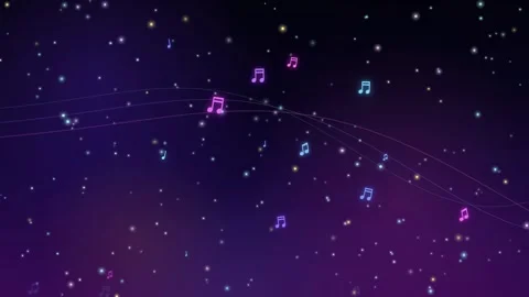 Abstract animated musical notes floating in a cosmic purple starry night sky Stock Footage 346216340