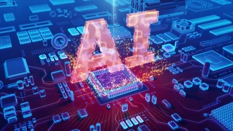 Abstract animation of AI text coming from a CPU Stock Footage 80471966